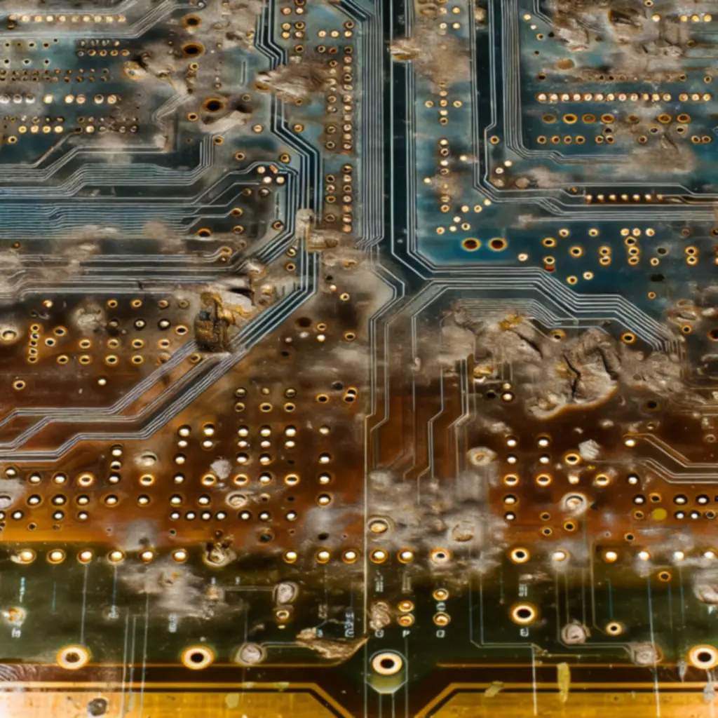 Płyta PCB z korozją i ubytkami ścieżek — stan przed naprawą