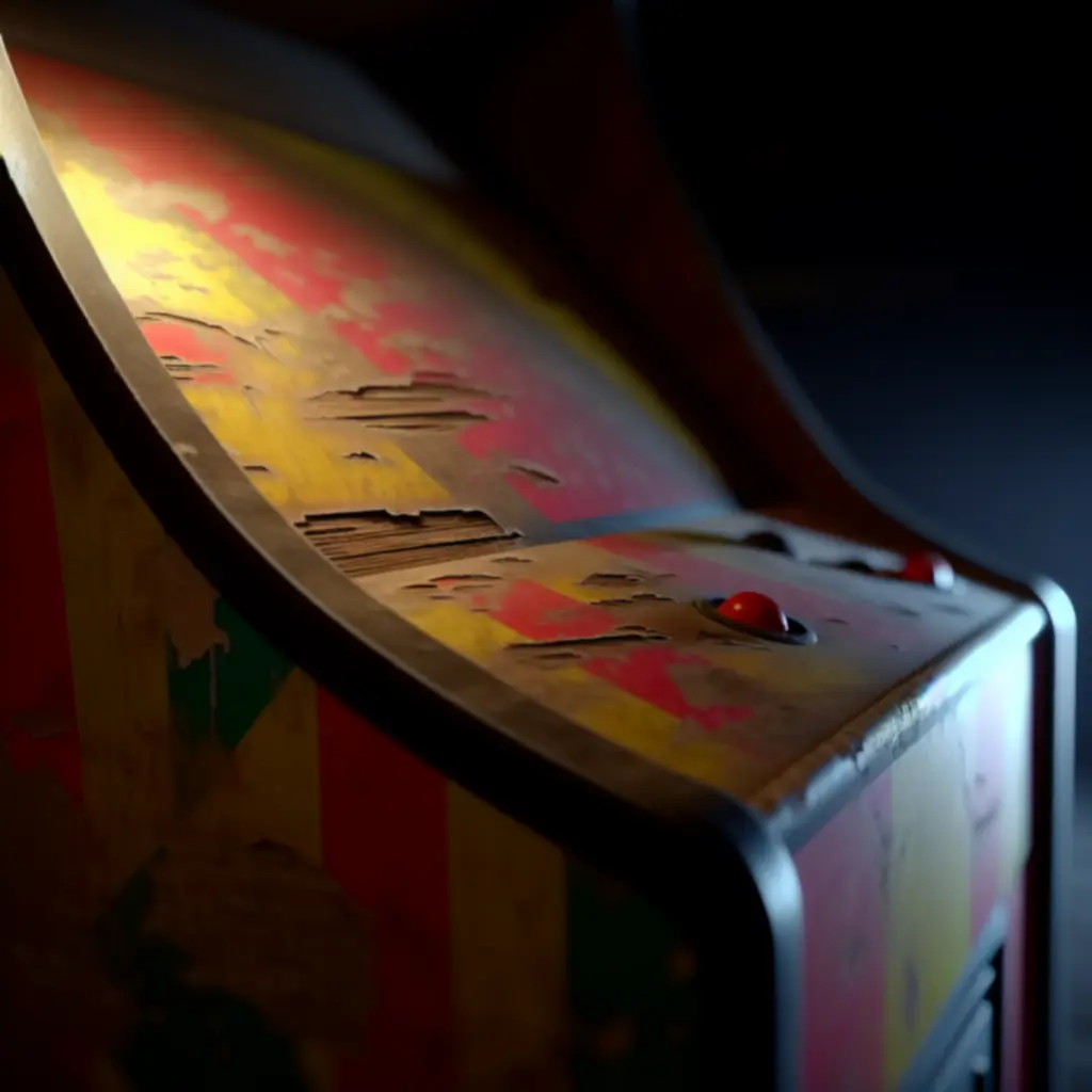 Obudowa automatu z pęknięciami i zdartą okleiną — stan przed renowacją