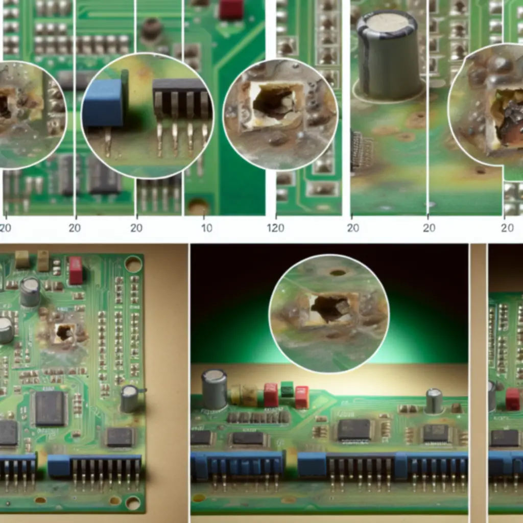 Płyta PCB przed naprawą: widoczne zimne luty i zabrudzenia