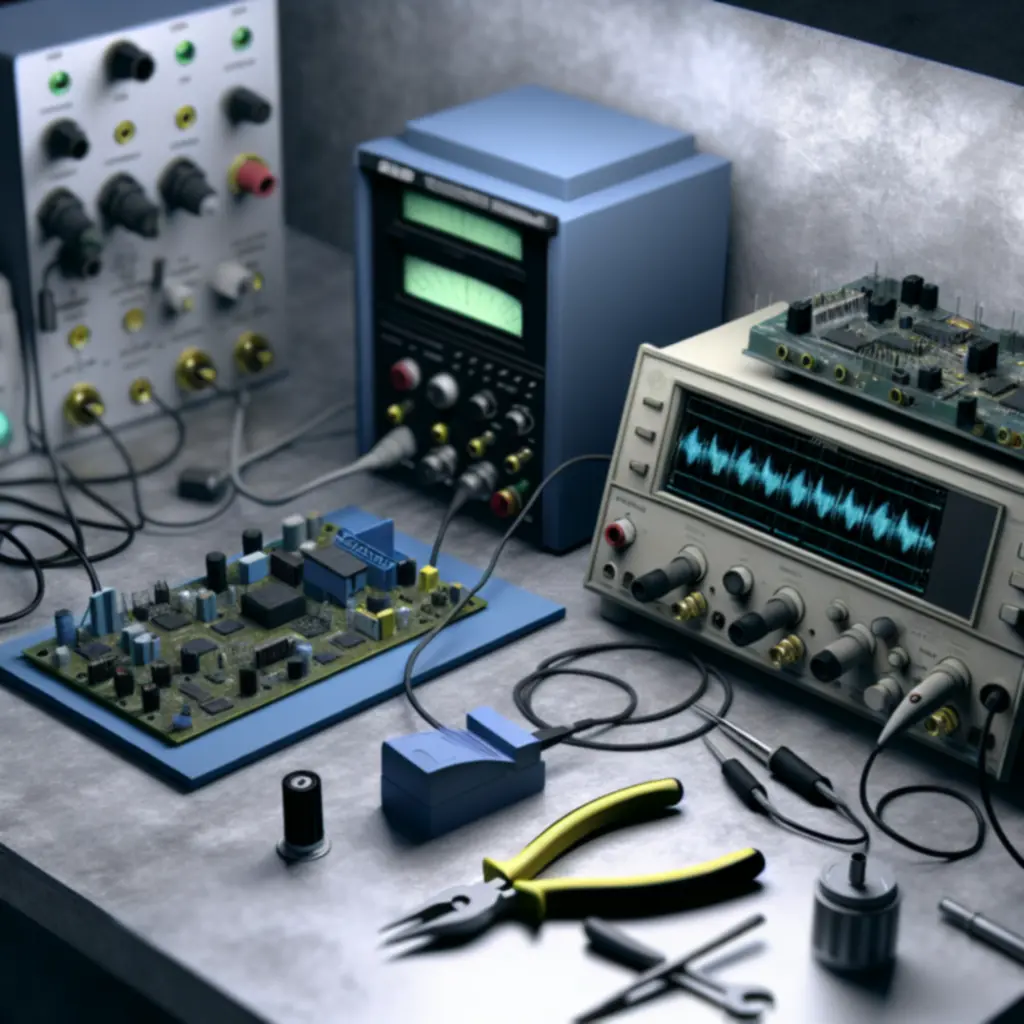 Stół serwisowy: oscyloskop, zasilacz laboratoryjny i płyta PCB automatu podczas diagnostyki