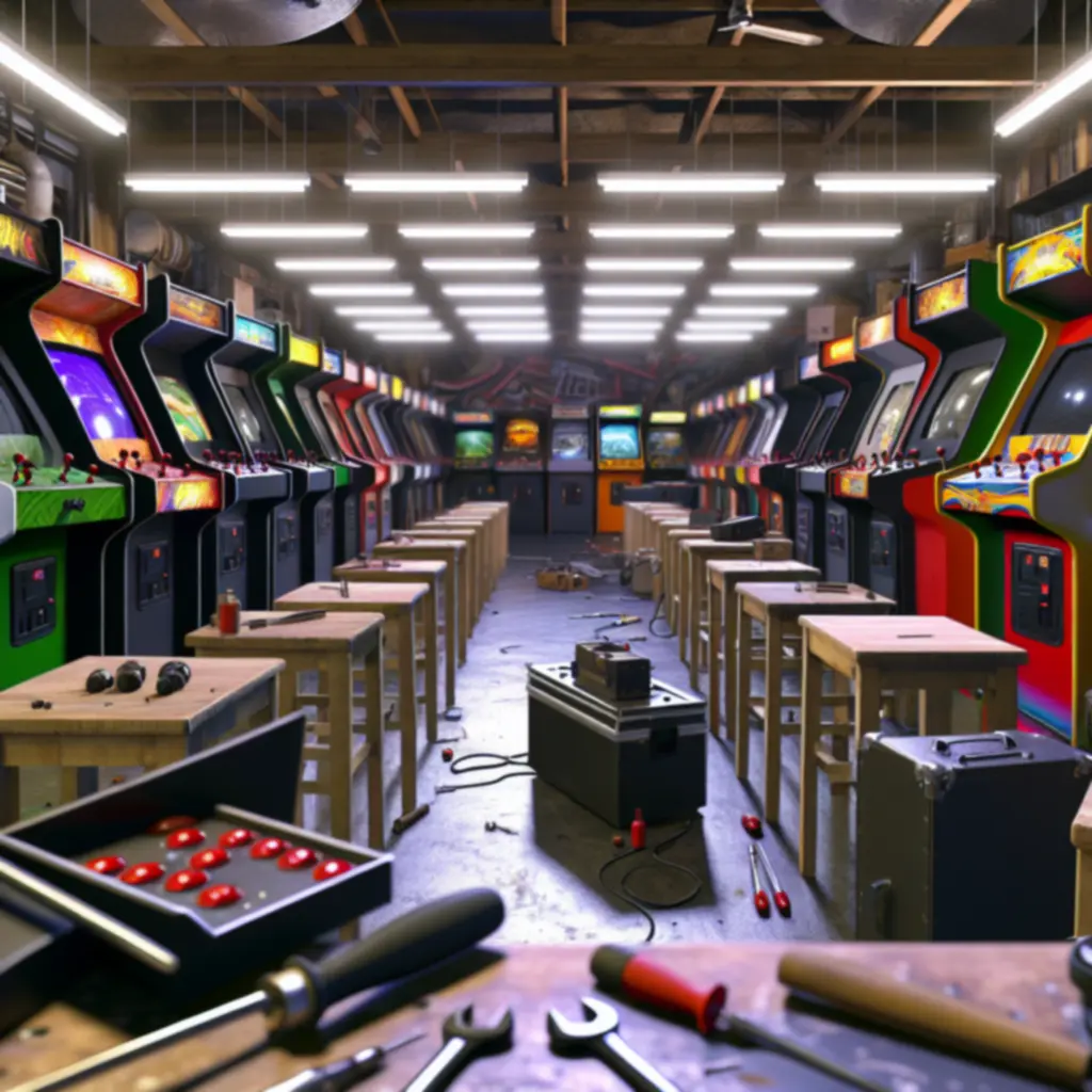 Warsztat renowacyjny z klasycznymi automatami arcade i narzędziami precyzyjnymi