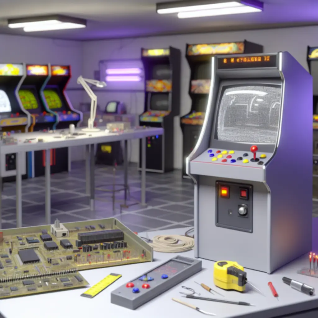 Warsztat autentykacji ArcadeRepairPoland: stanowisko diagnostyczne z maszyną arcade i narzędziami pomiarowymi.