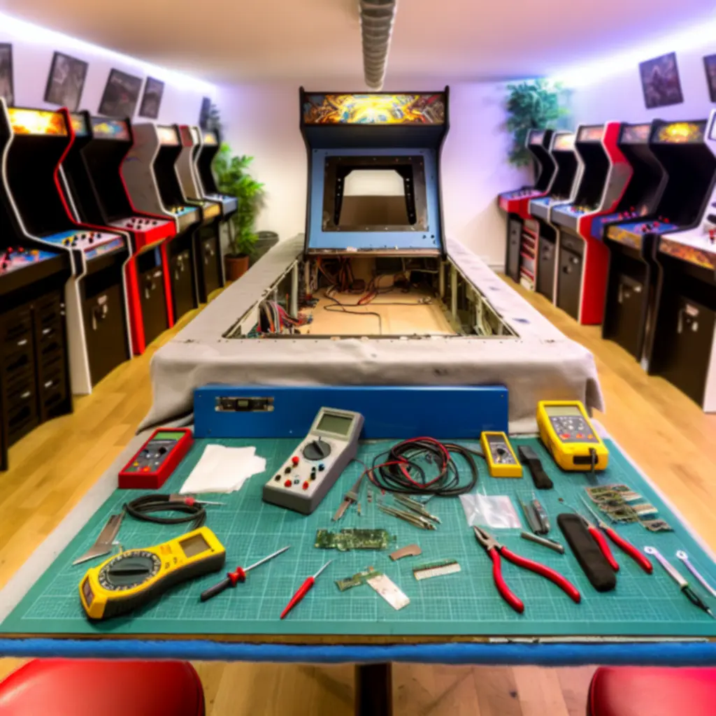 Warsztat ArcadeRepairPoland z rozebranym automatem arcade na stole serwisowym