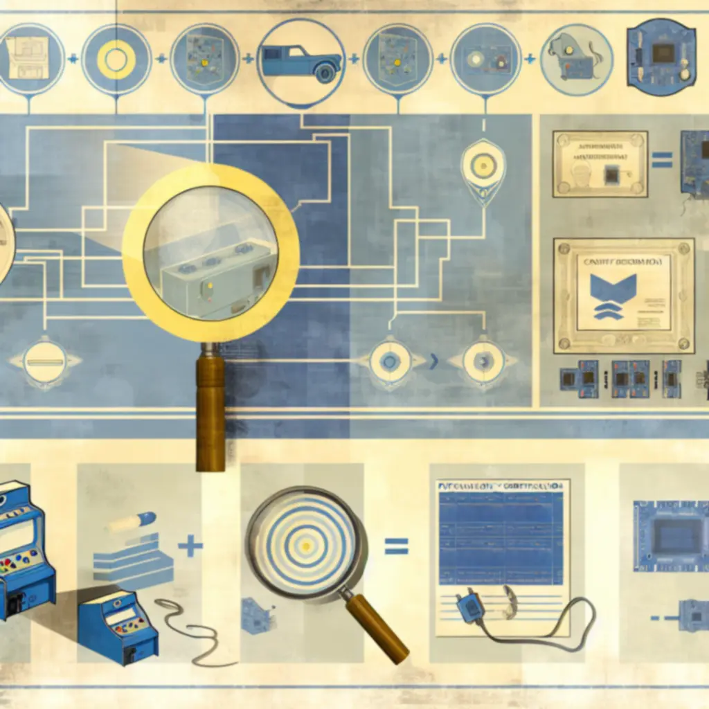 Schemat kroków autentykacji: rejestr numerów, inspekcja PCB, testy funkcjonalne, raport końcowy.