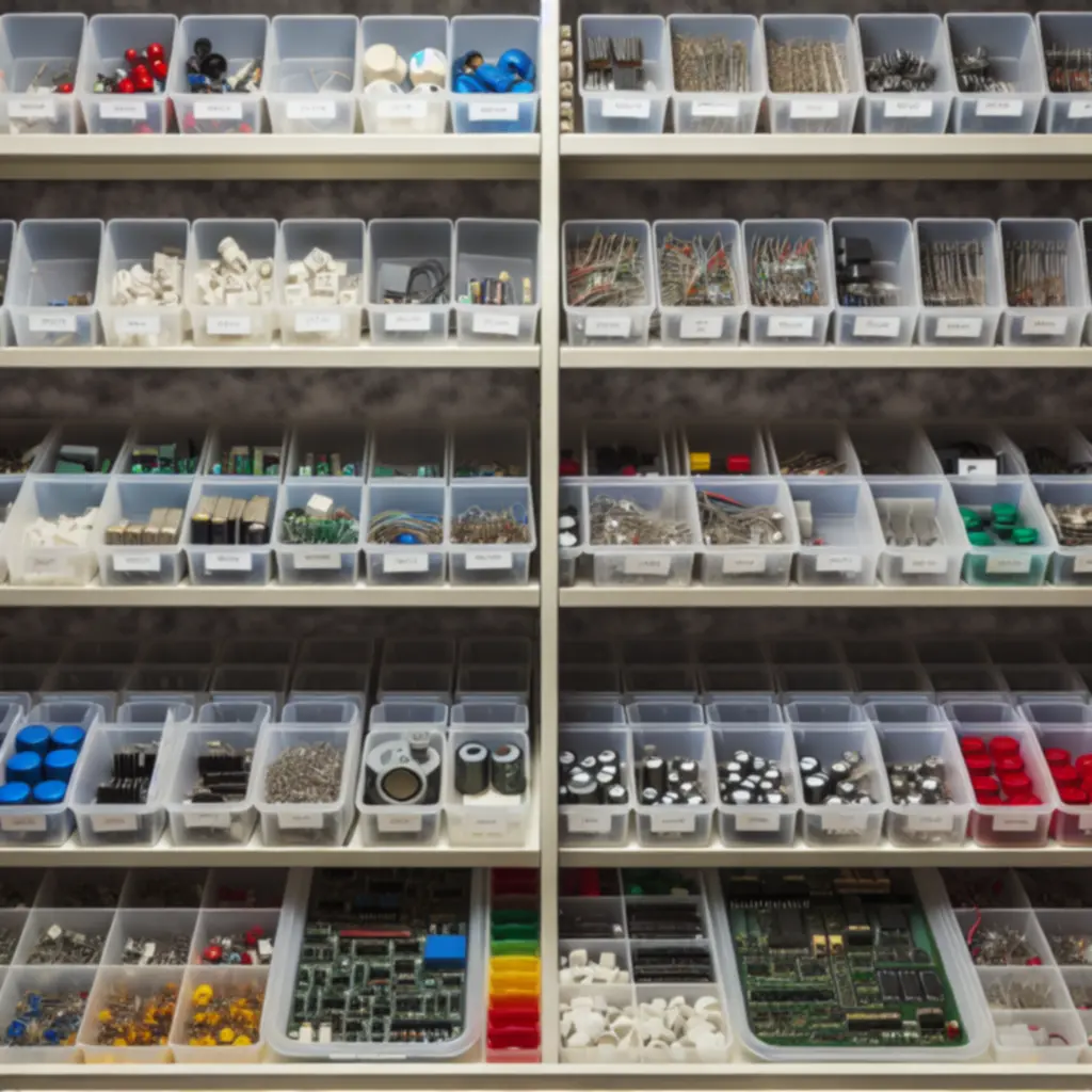 Półka z uporządkowanymi częściami zamiennymi: kondensatory, wiązki JAMMA, zasilacze